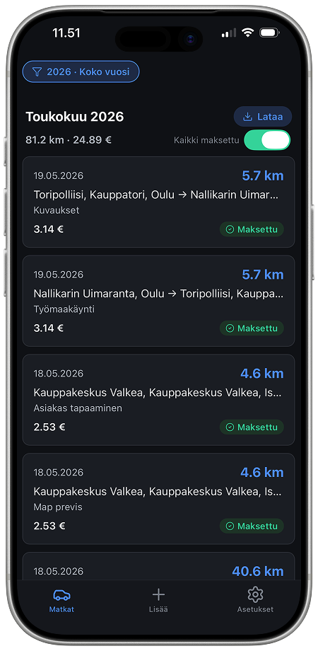 Kilometri-sovelluksen näyttökuva