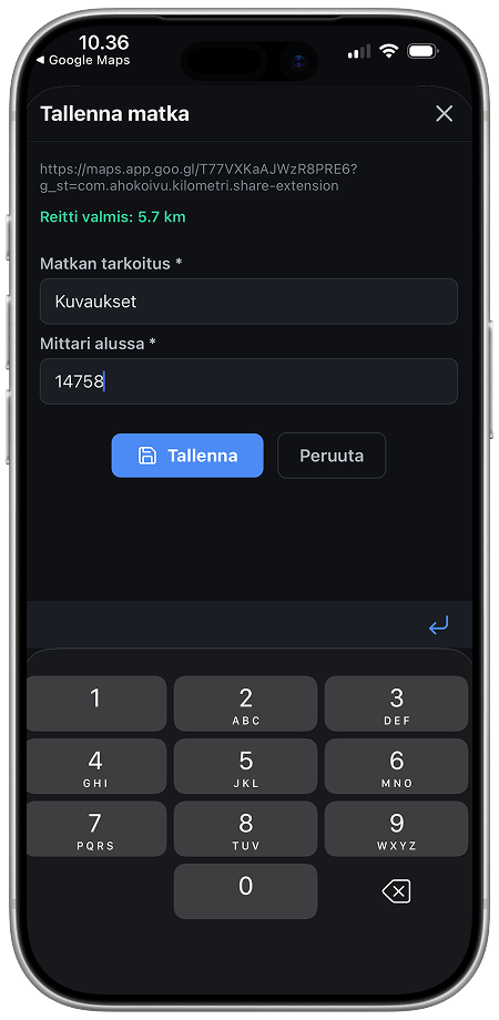Kirjoita matkan tarkoitus ja mittarilukema